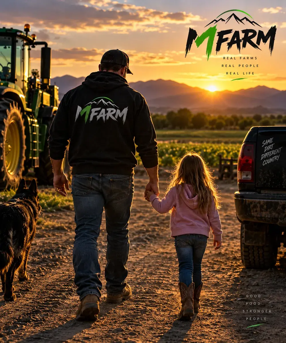 A farmer and his daughter walking hand in hand down a dirt farm road at sunset, wearing MFARM apparel