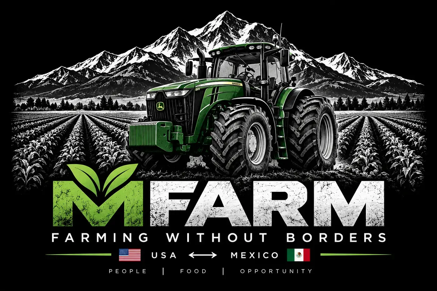 MFARM Farming Without Borders artwork: a green tractor in front of mountains, with USA and Mexico flags