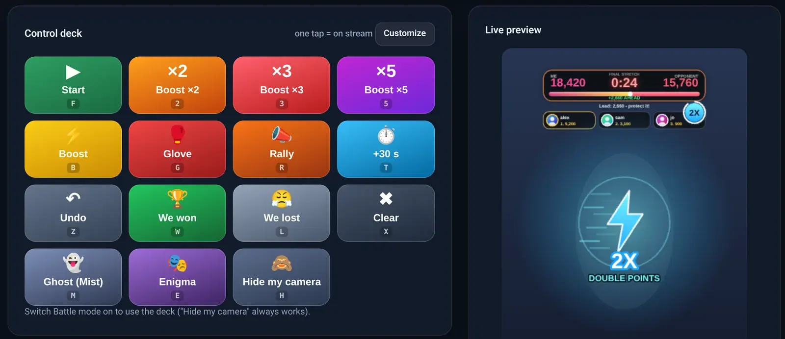 The Battle mode page with the control deck and a live scoreboard preview