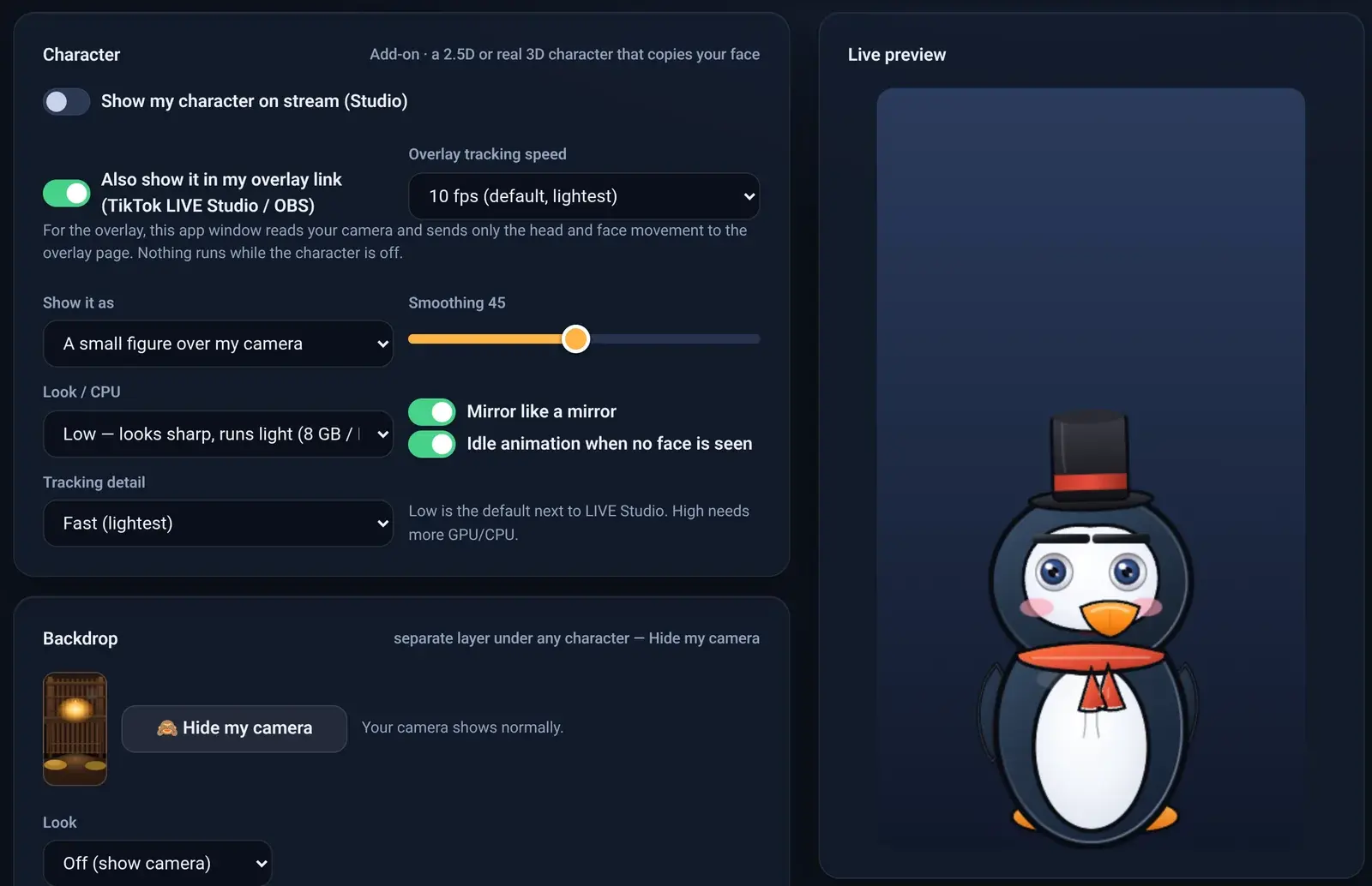 The Character page with a penguin character preview
