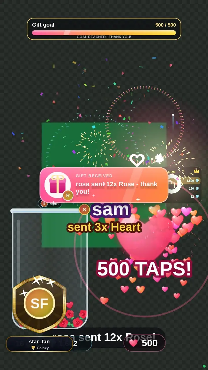 Gift effects on a live overlay: fireworks, a gift jar, hearts and a thank-you card