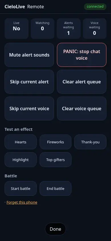 The phone remote on a phone screen