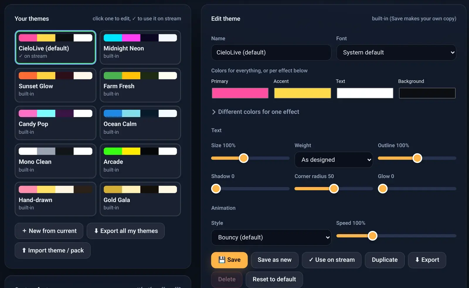 The Themes and fonts page with ten built-in themes